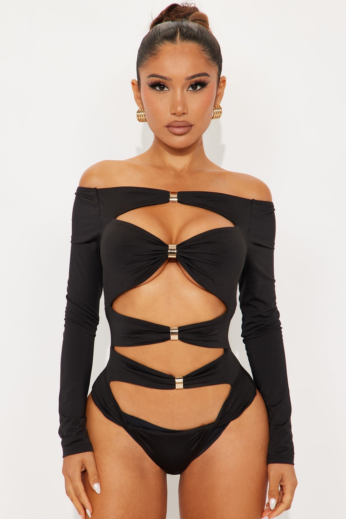 Cityscape Off Shoulder Cut Out Bodysuit - Black