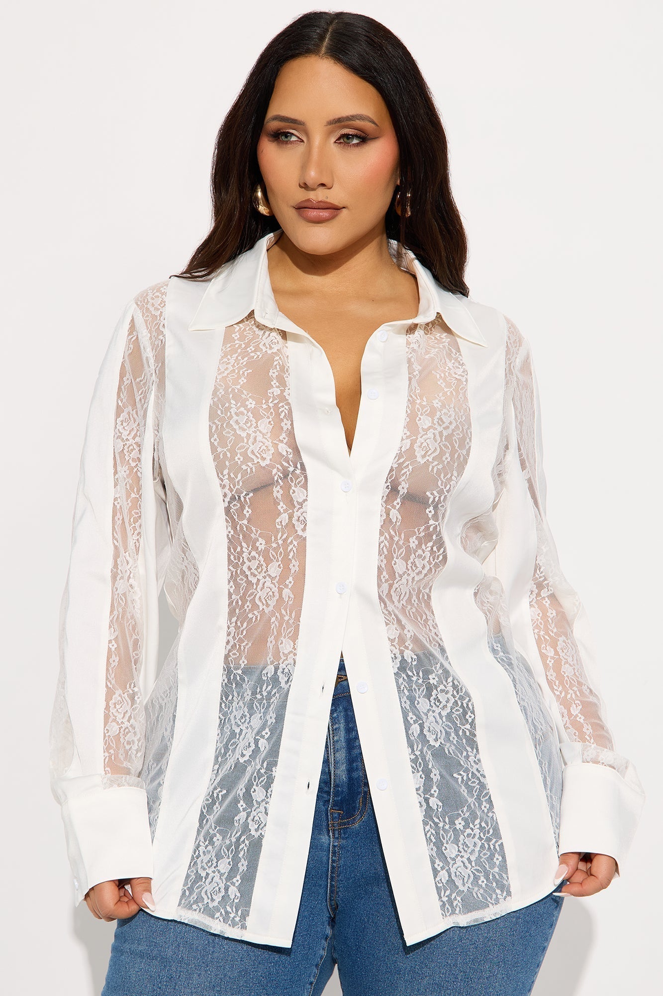 Lace Whispers Satin Shirt - White