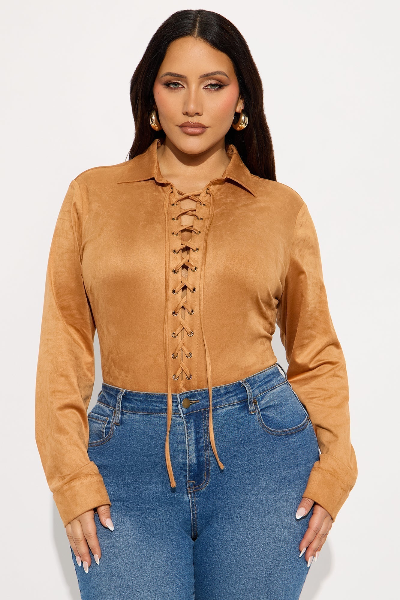 River Long Sleeve Lace Up Bodysuit - Camel