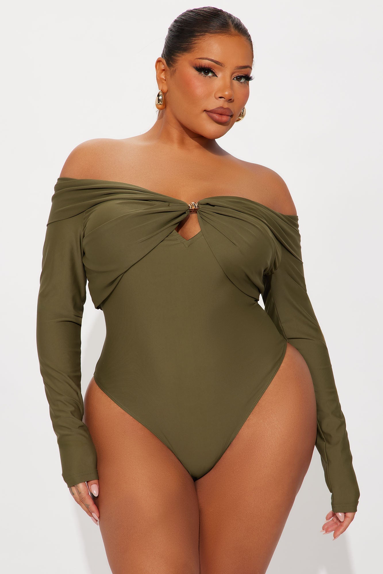 Sylvie Long Sleeve Off Shoulder Bodysuit - Olive