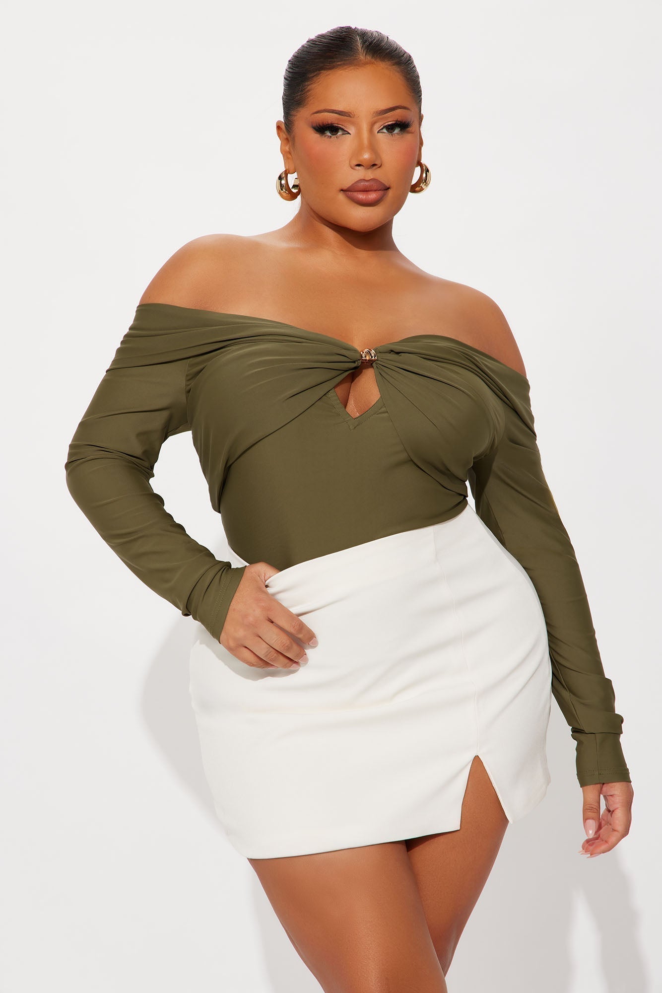 Sylvie Long Sleeve Off Shoulder Bodysuit - Olive