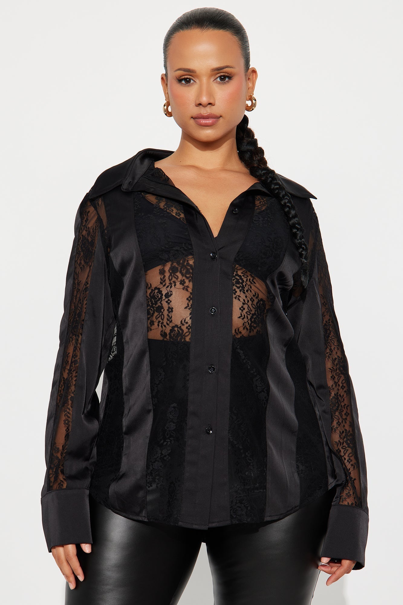 Lace Whispers Satin Shirt - Black