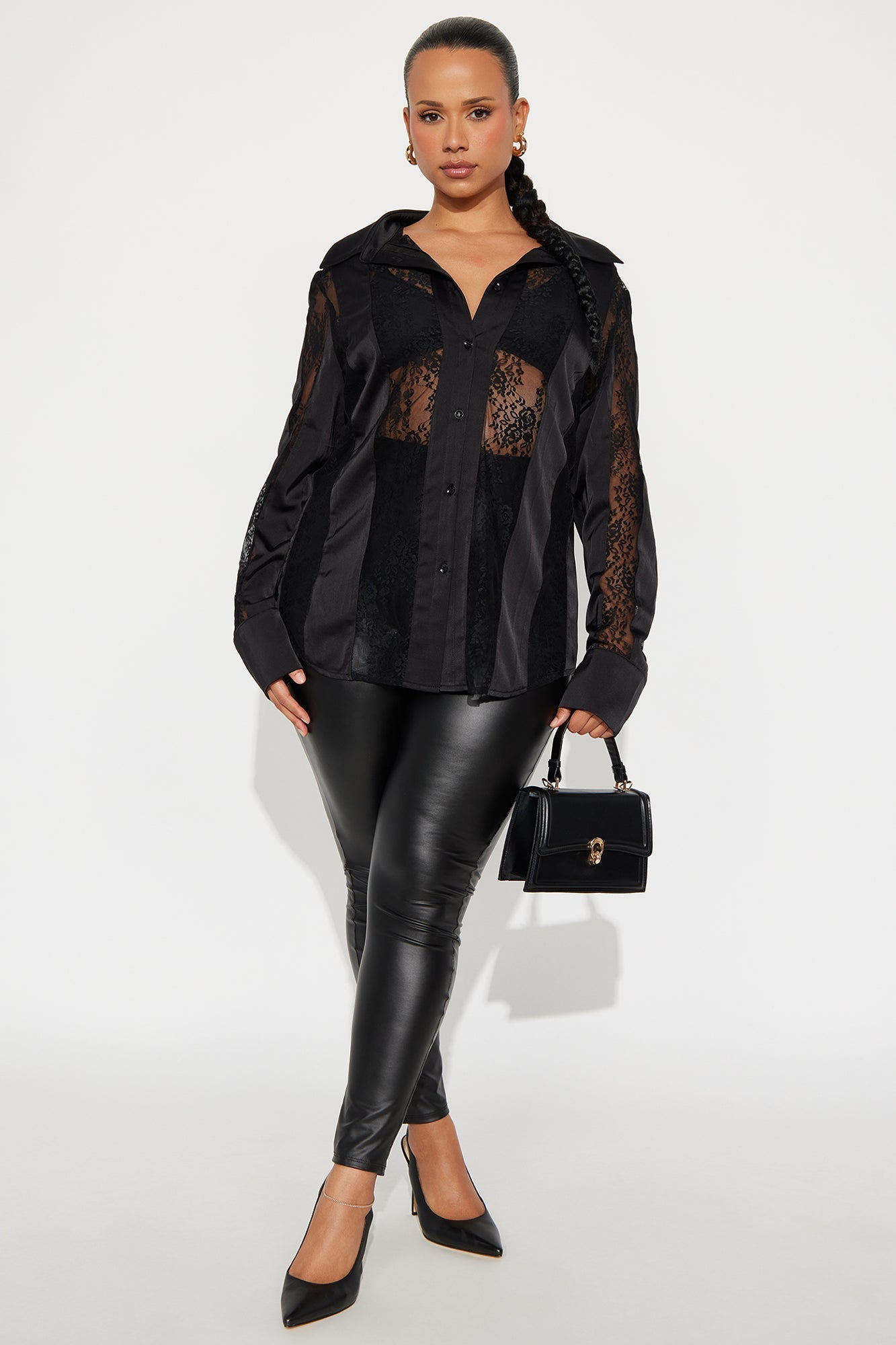 Lace Whispers Satin Shirt - Black