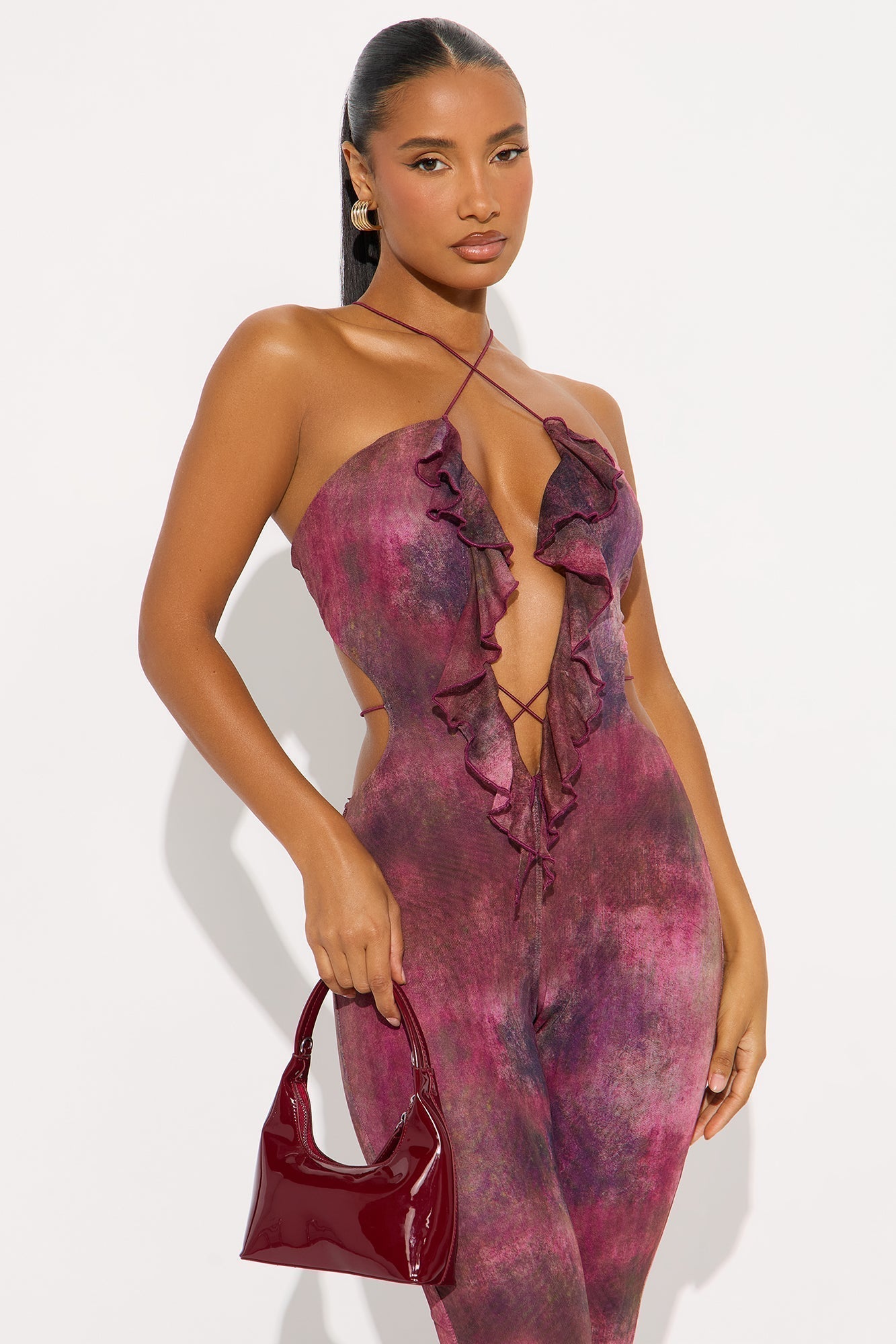 Nola Mesh Flare Jumpsuit - Plum