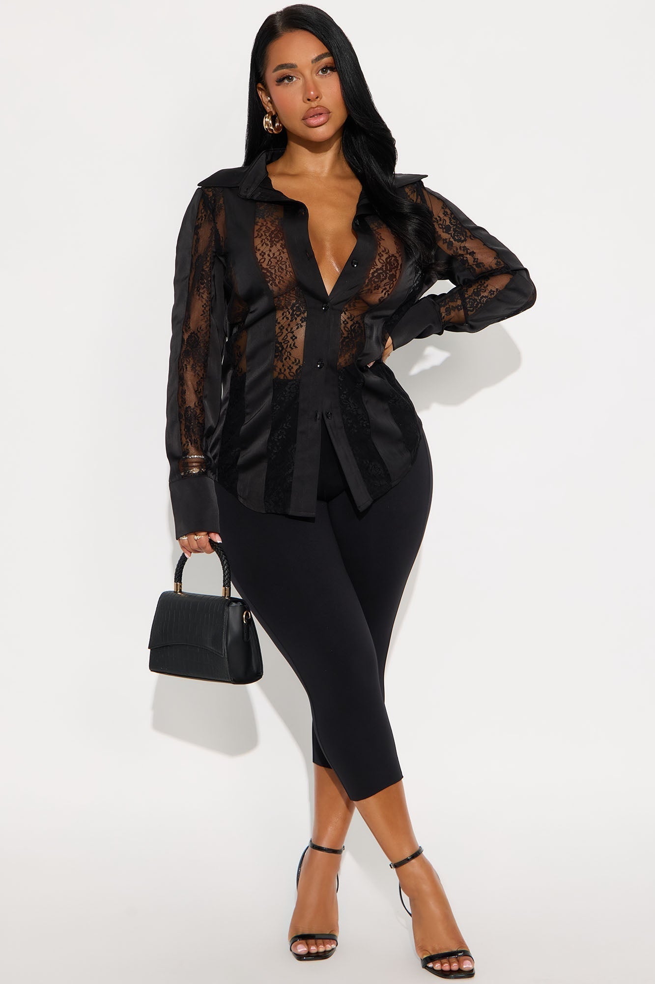 Lace Whispers Satin Shirt - Black