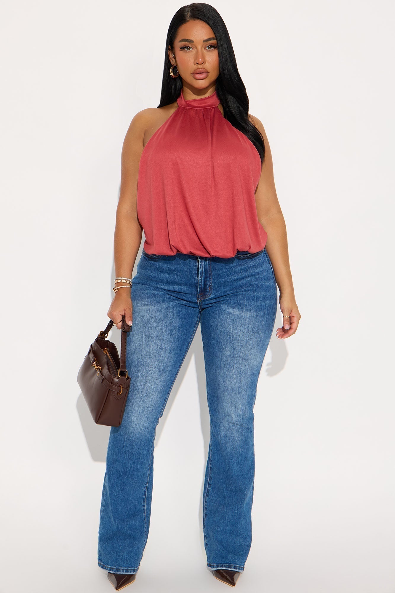 Magnolia Bubble Hem Halter Top - Brick Red
