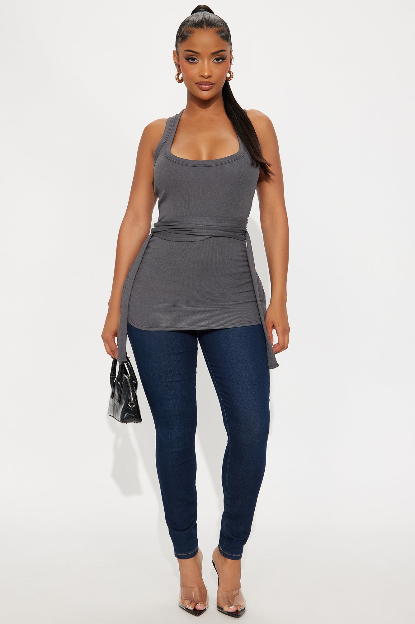 Zerlina Wrap Waist Tank Top - Charcoal