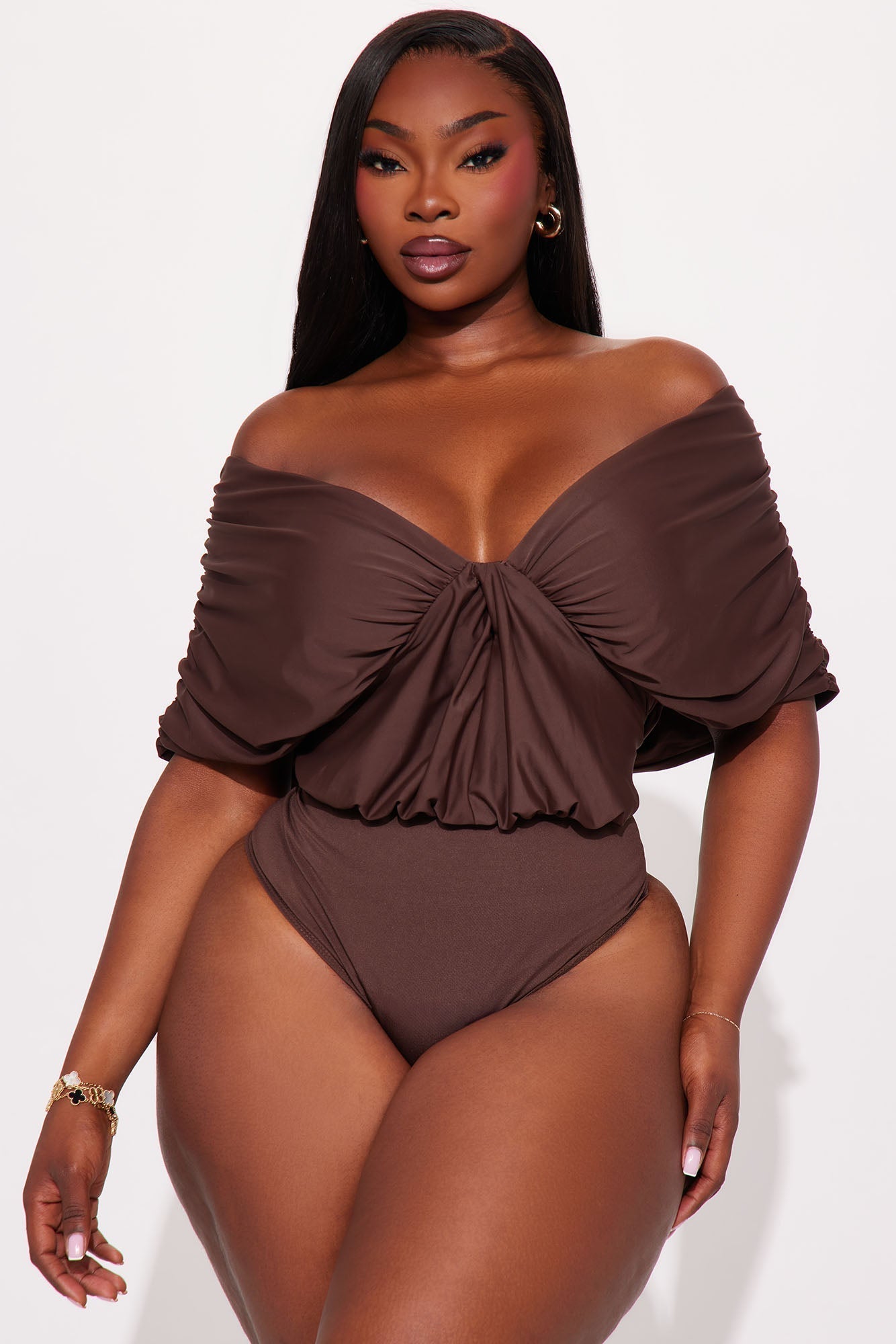 True Rival Ruched Off Shoulder Bodysuit - Brown