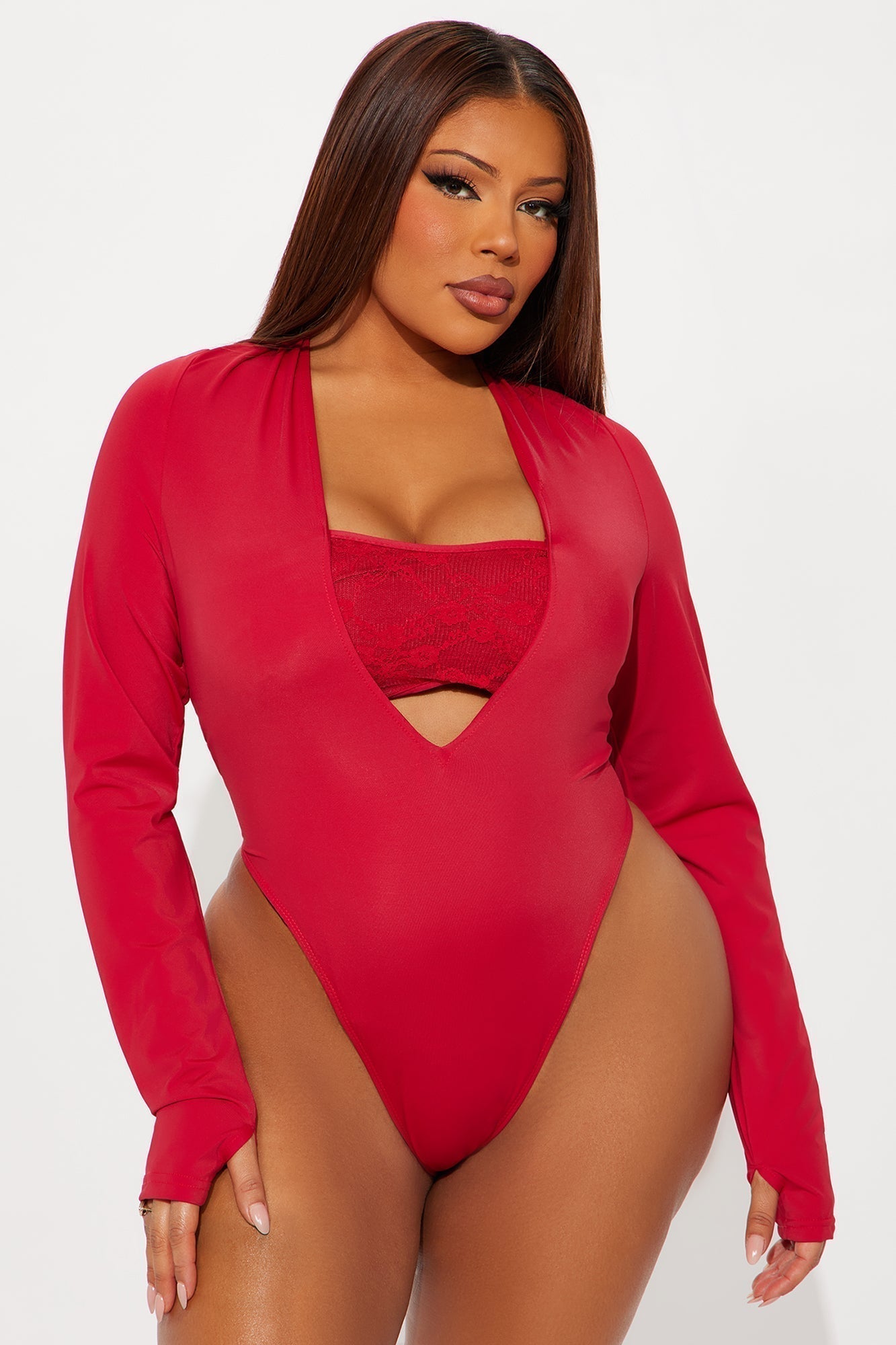Standing Ovation Long Sleeve High Cut Bodysuit - Red