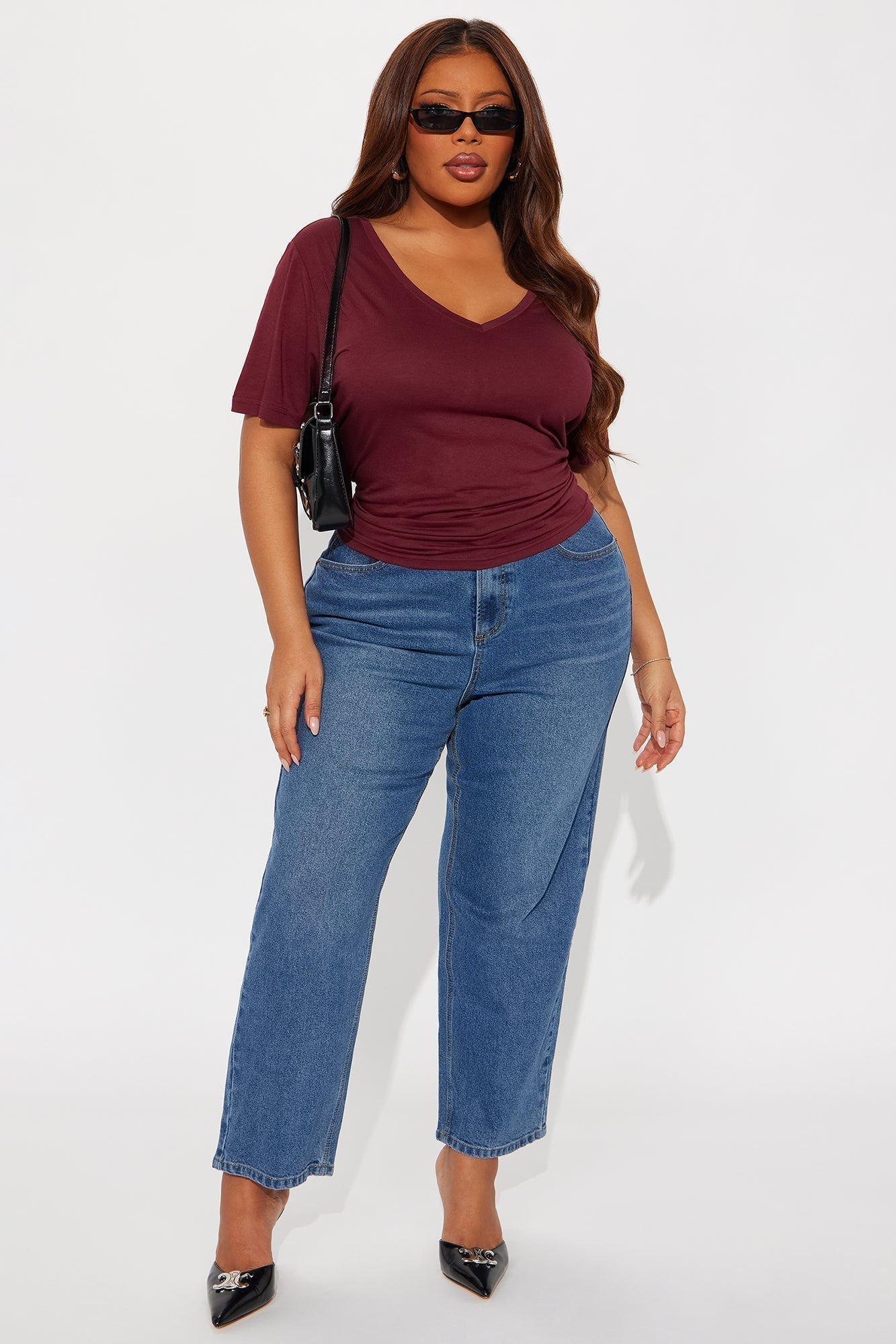 Ava V-Neck Tee - Burgundy