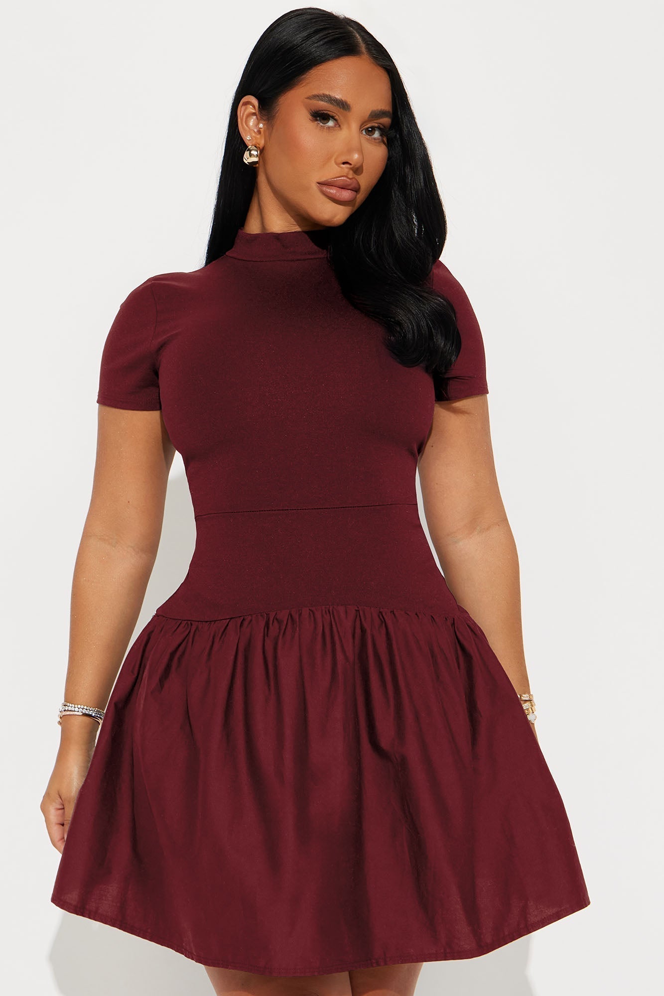 Kennedy Short Sleeve Drop Waist Mini Dress - Wine