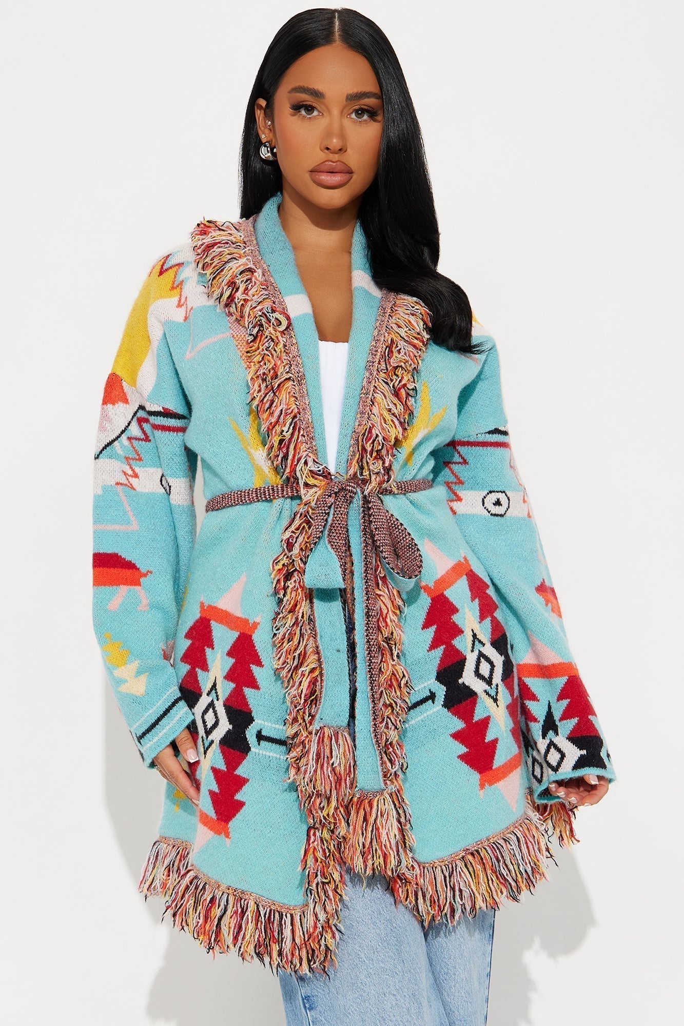 Western Day Fringe Cardigan - Blue/combo