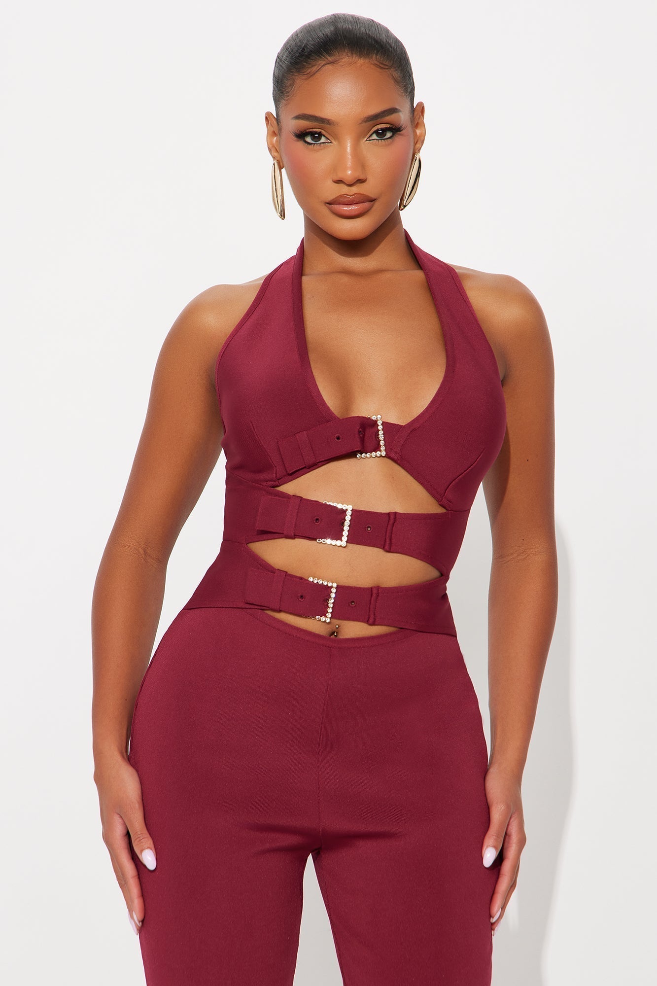 Aurora Bandage Halter Jumpsuit - Burgundy