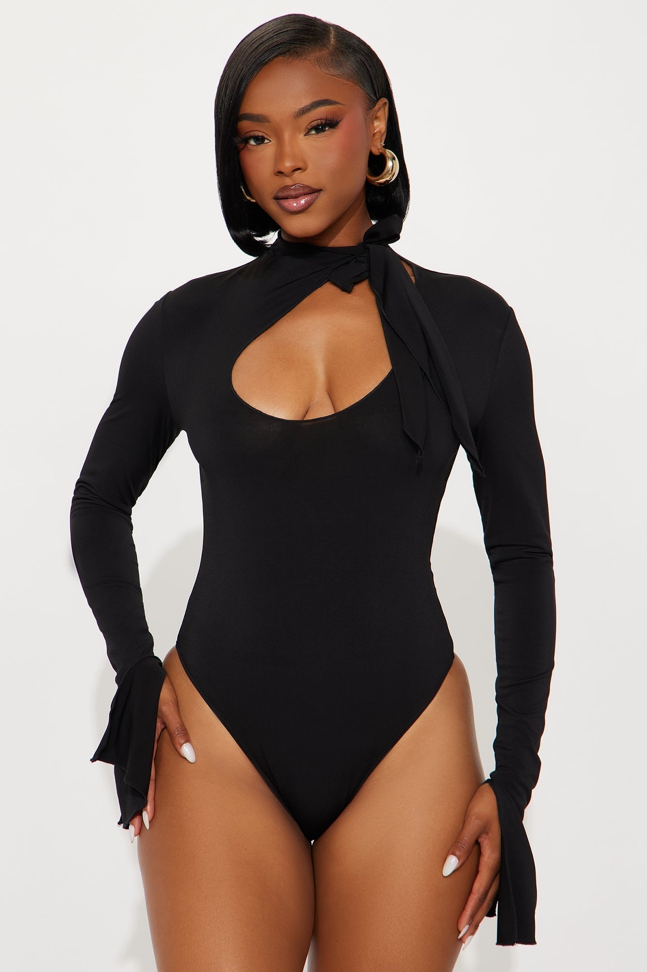 Silent Drama Long Sleeve Mock Neck Bodysuit - Black
