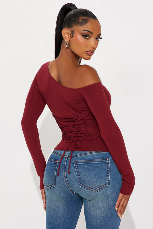 Hold Me Tighter Lace Up Top - Burgundy