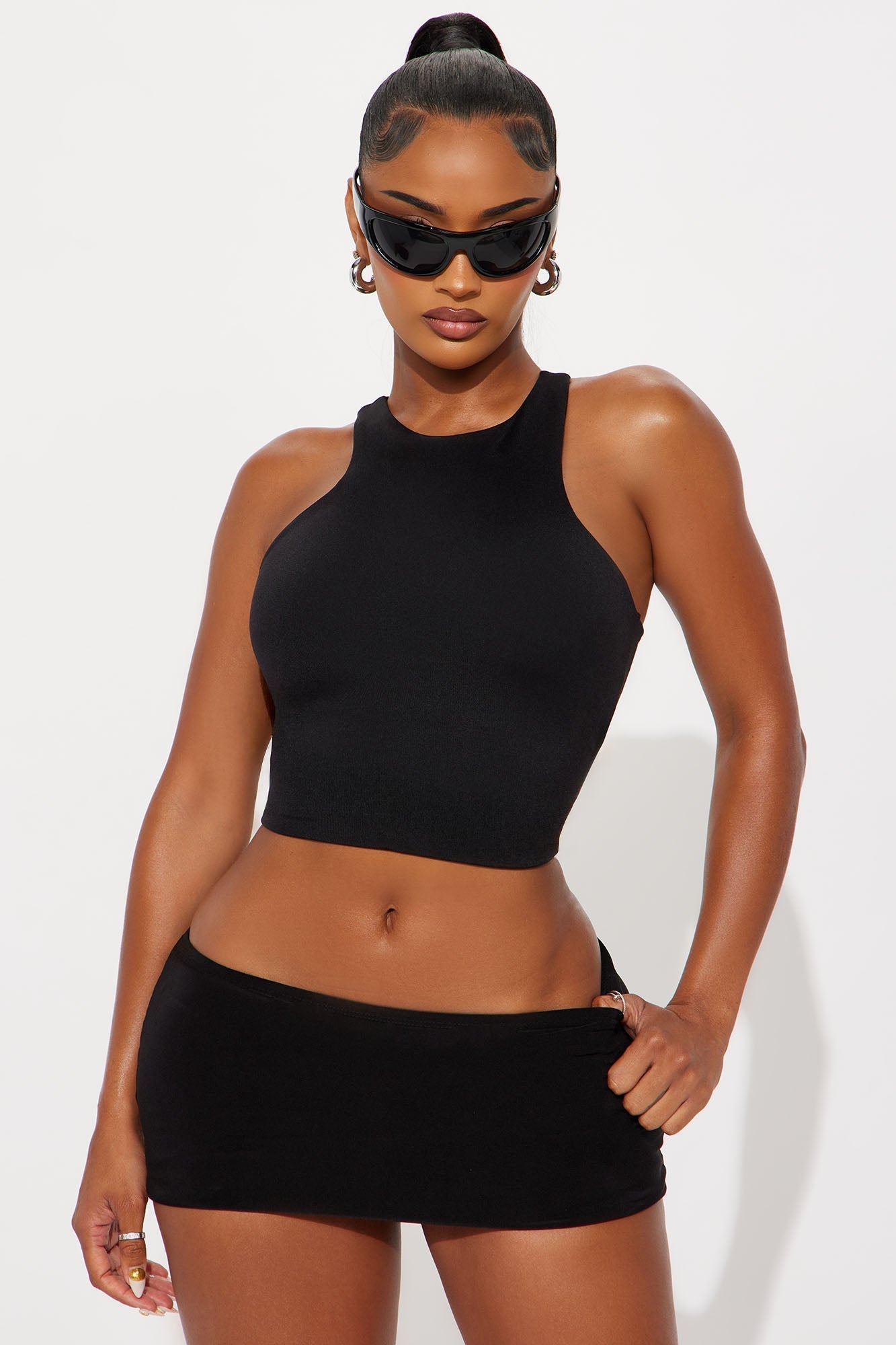 Contour Double Lined High Neck Tank Top - Black