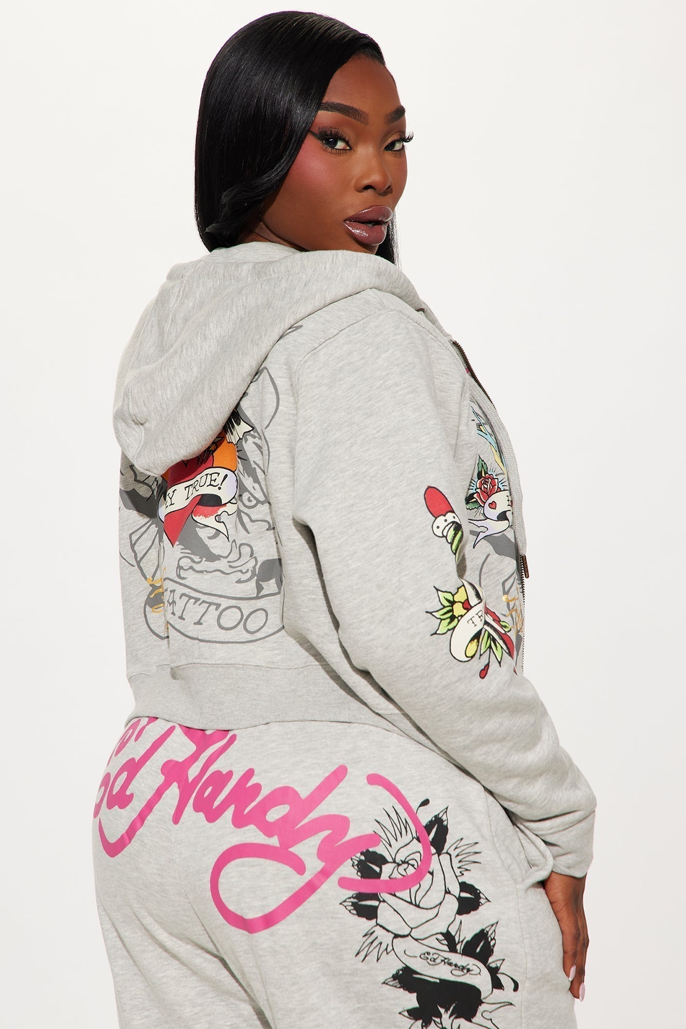 Ed Hardy Rose And Sword Zip Front Hoodie - Heather Grey