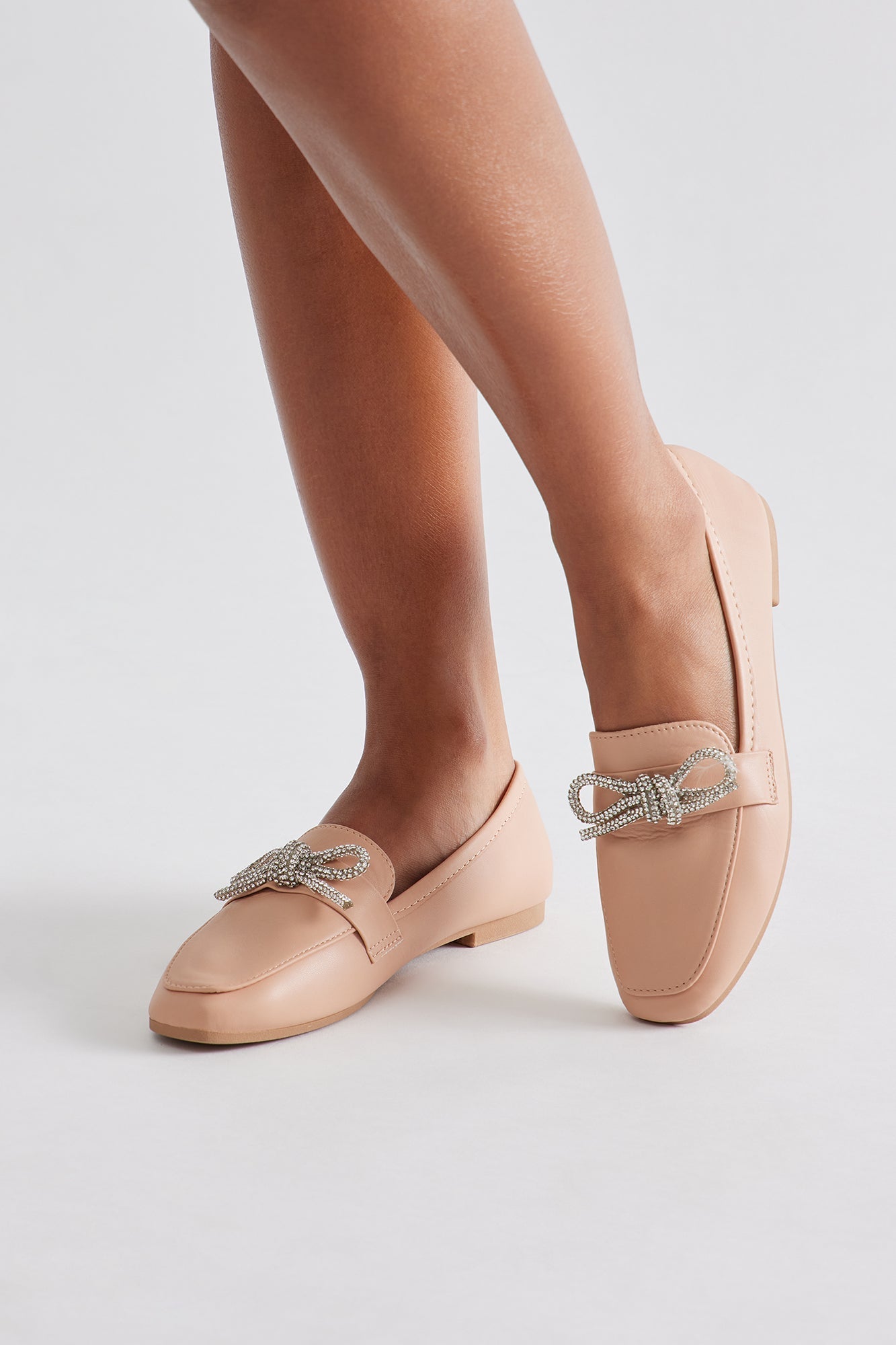 Avy Rhinestone Bow Loafers - Nude