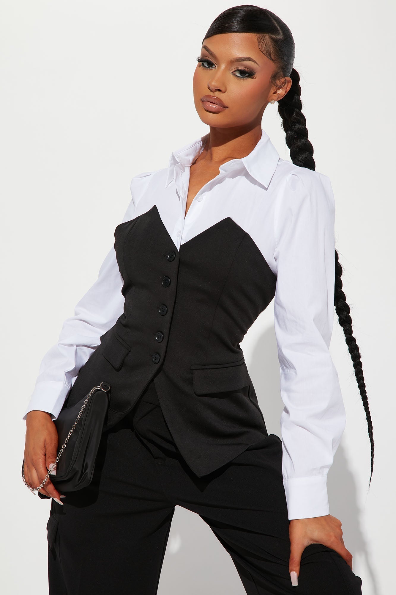 Here To Work Poplin Vest Top - Black/White