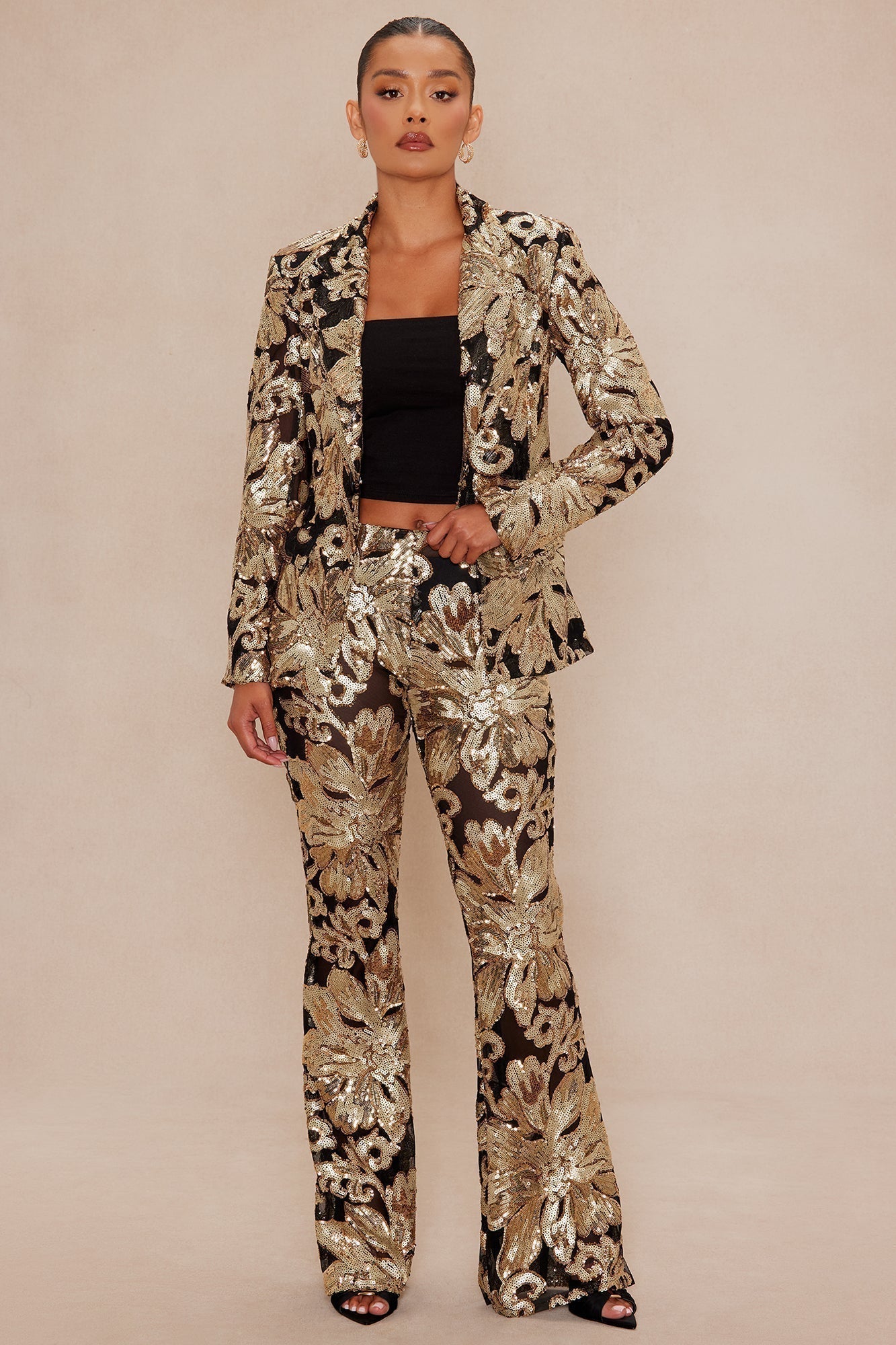 Miranda Sequin Flare Pant - Black/Gold