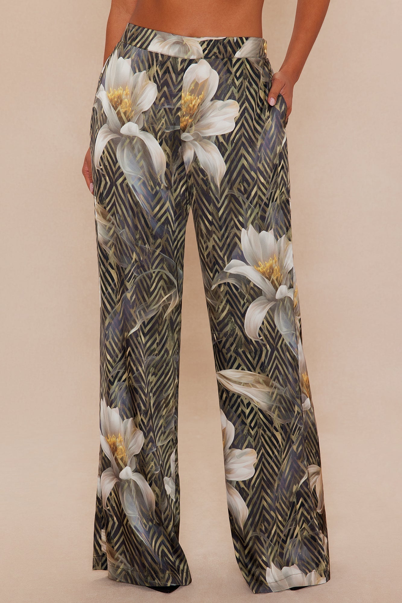 Alia Satin Wide Leg Pant - Green/combo