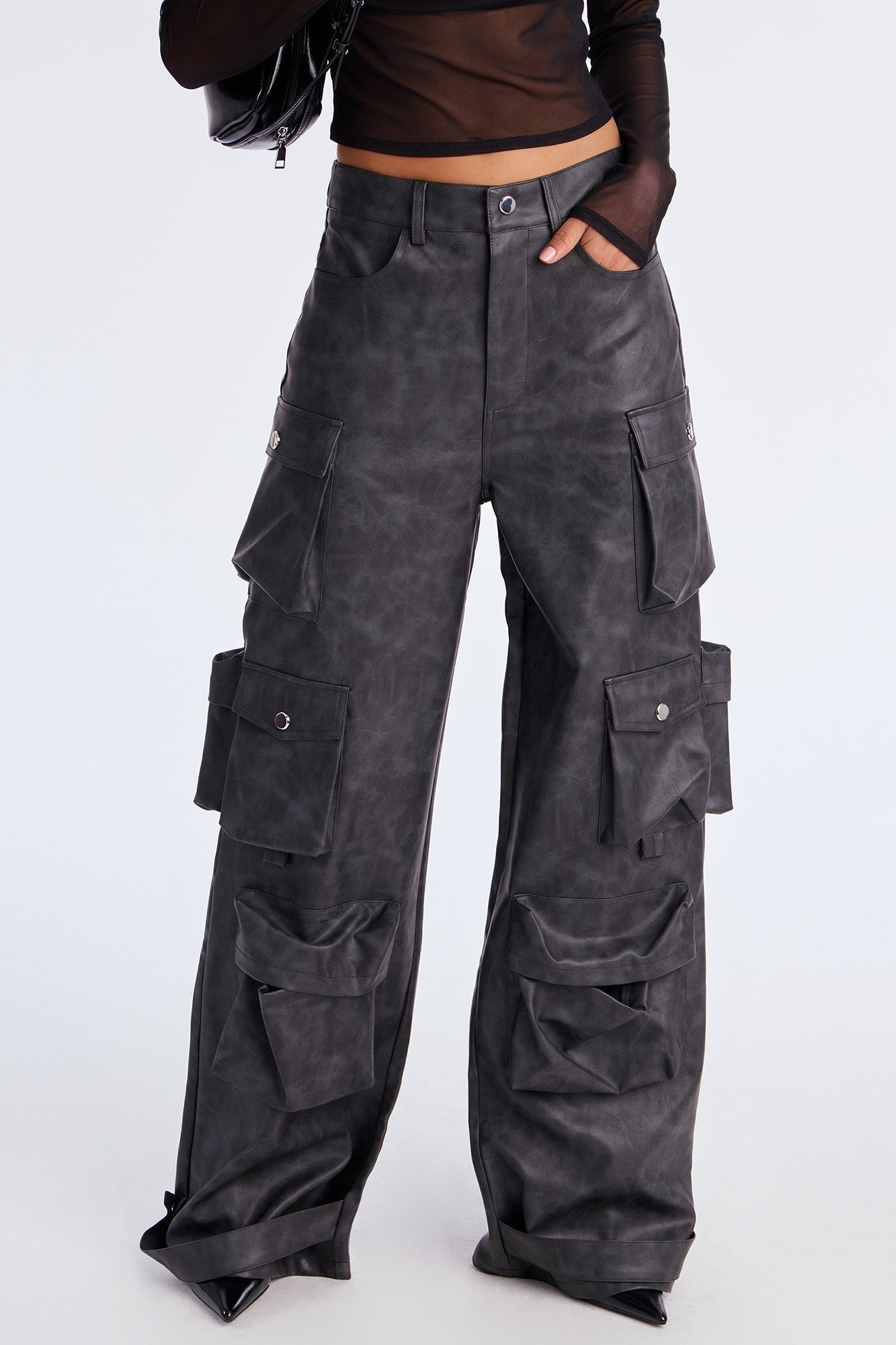 Weekend Warrior Washed Faux Leather Cargo Pant - Black Wash