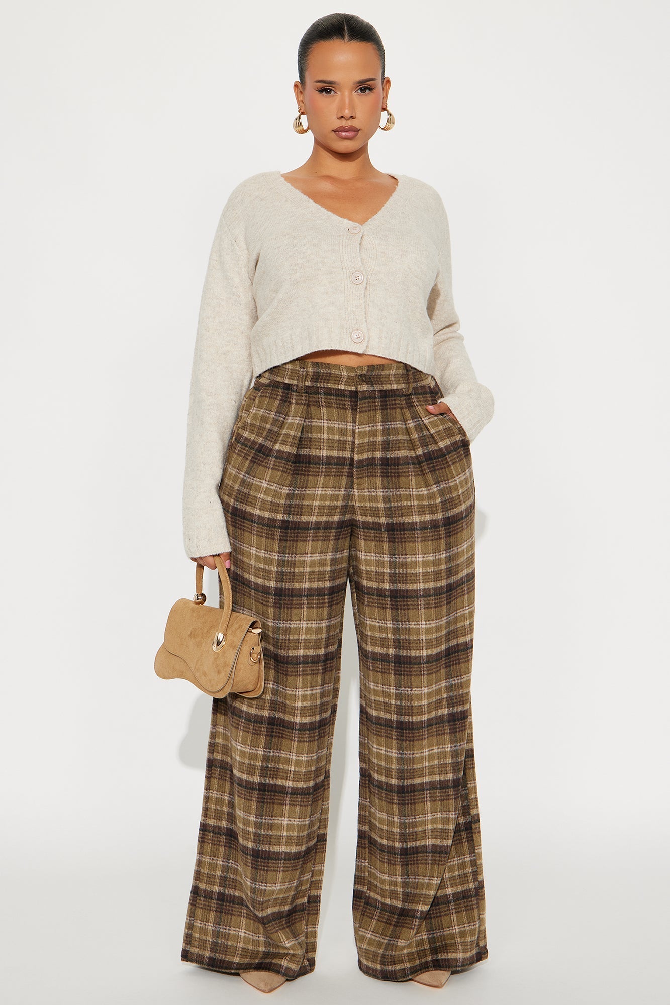 Out Your League Plaid Wide Leg Pant 33″ - Brown/combo