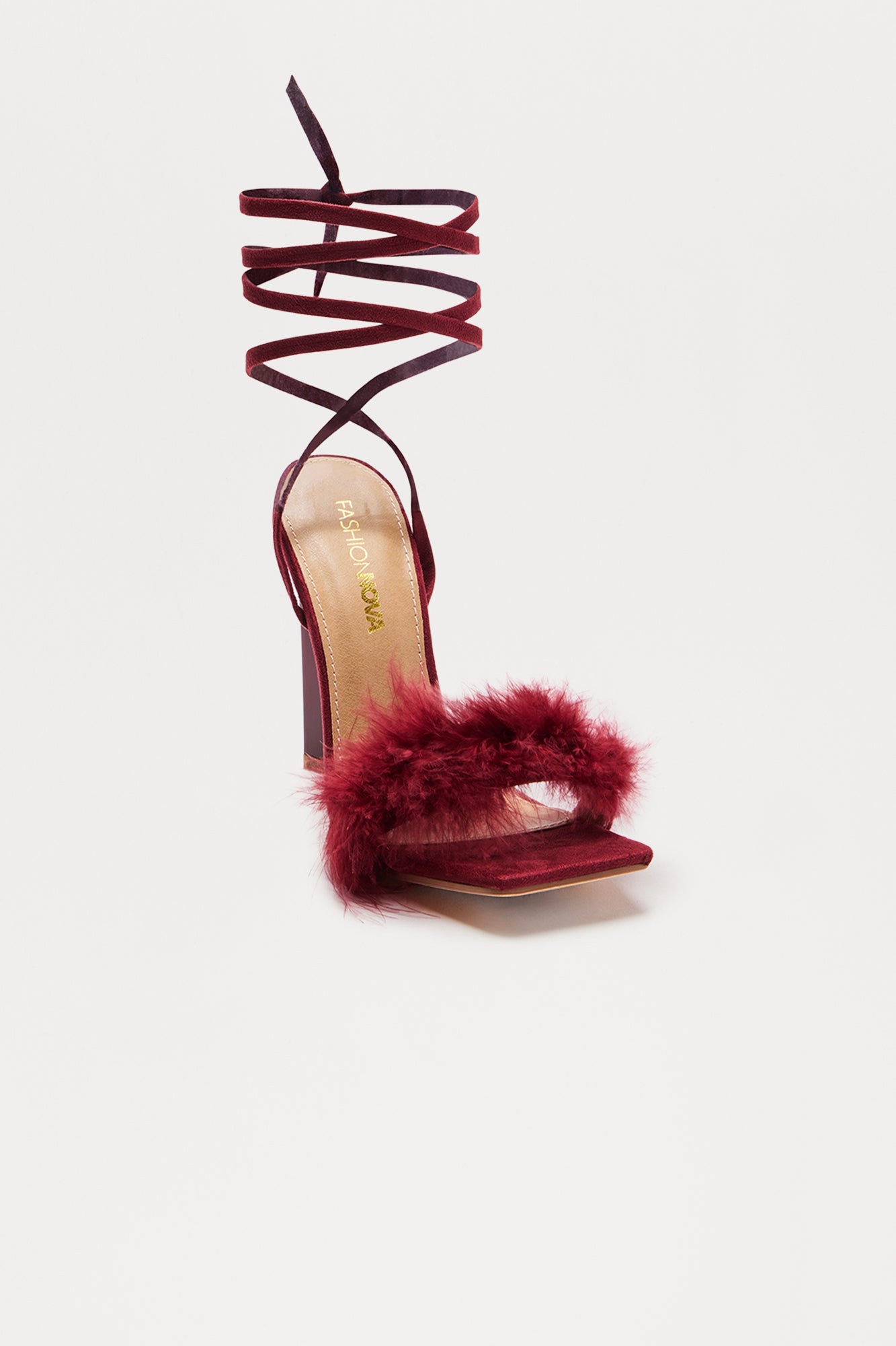 Aubrie Feather Wrap Up Heels - Burgundy