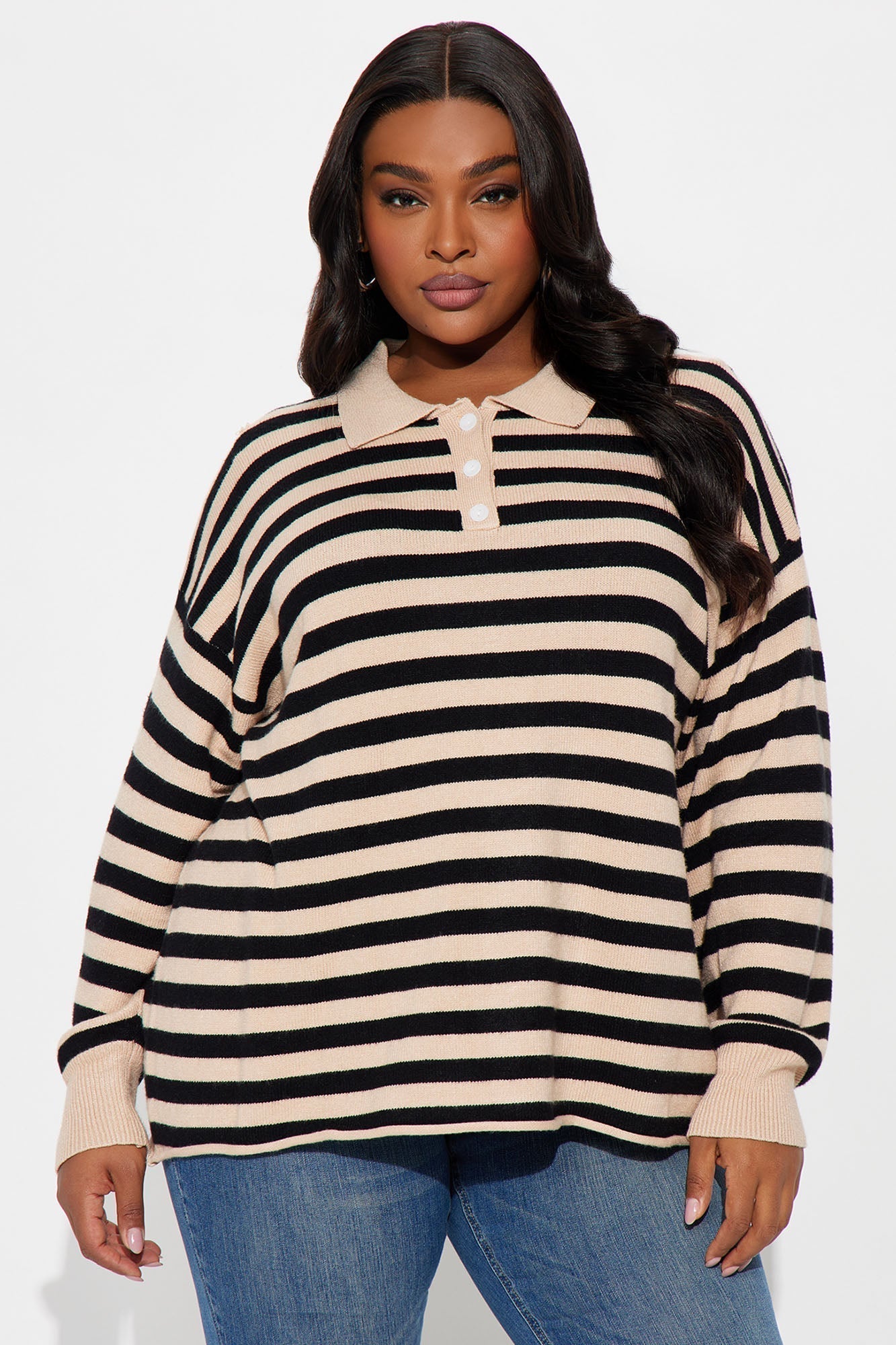 Elaia Striped Polo Sweater - Taupe/combo