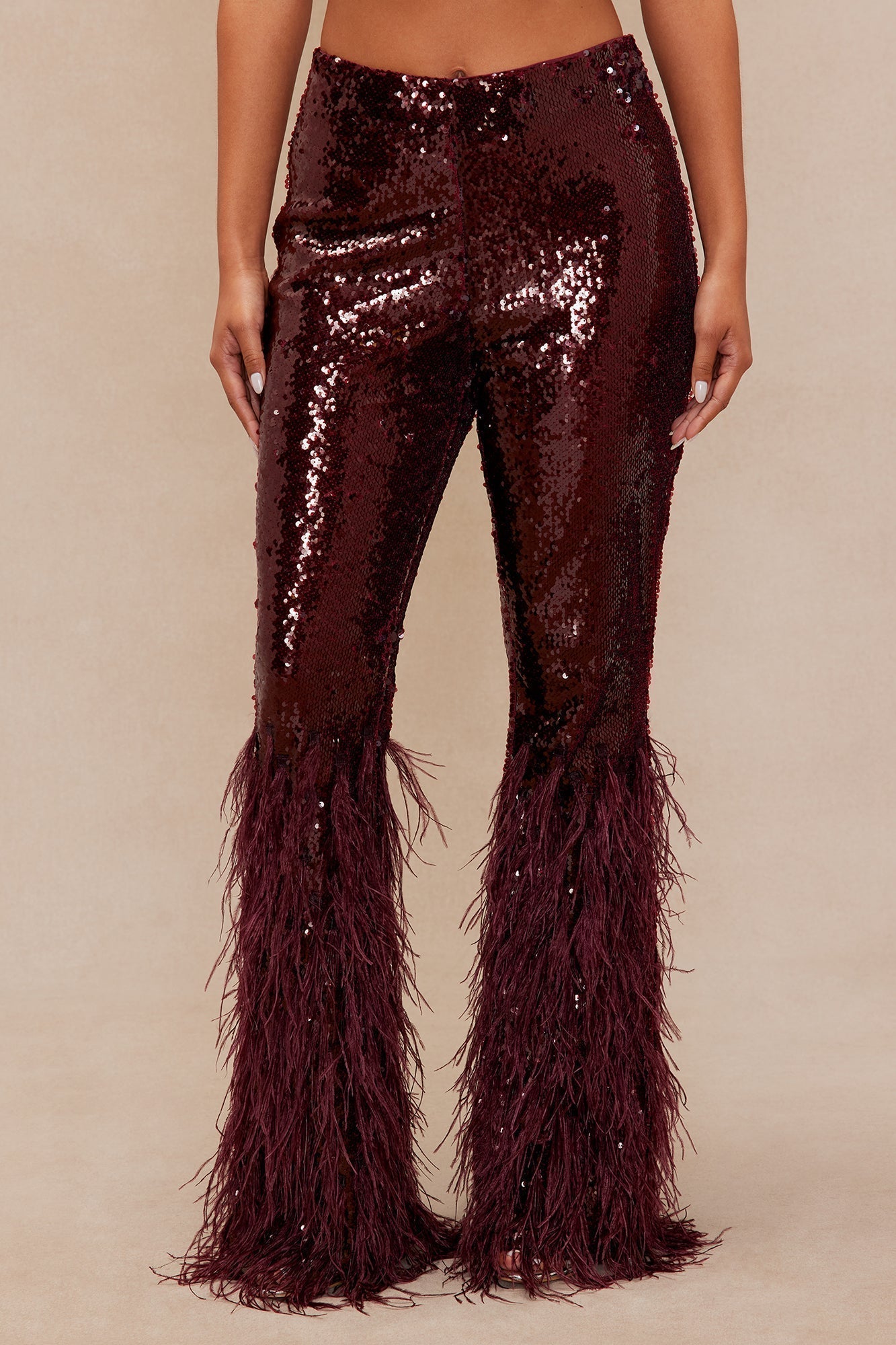 Nola Sequin Feathered Flare Pant - Wine