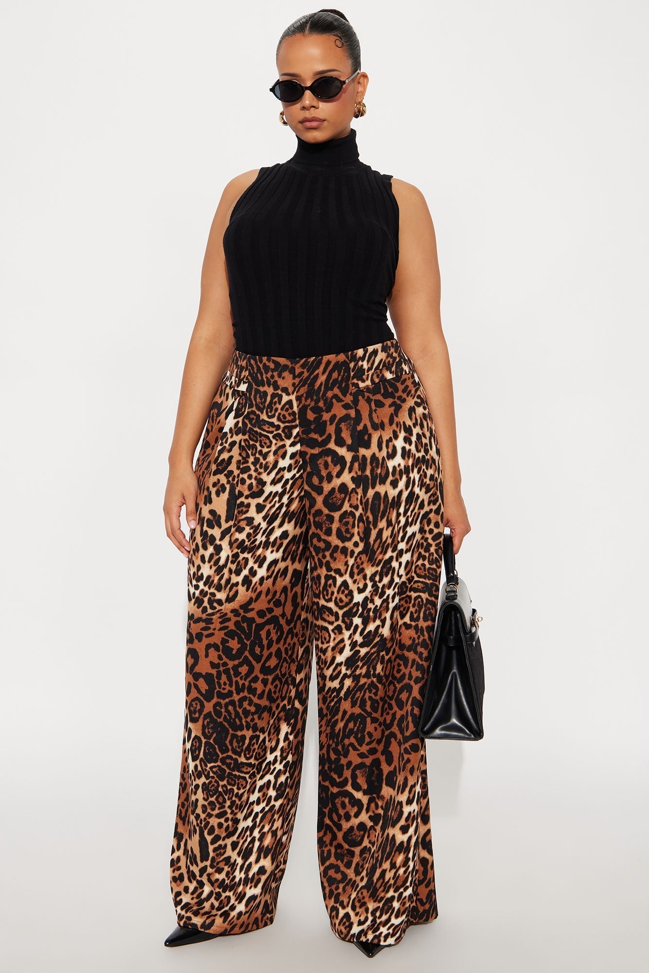 Level You Up Leopard Wide Leg Twill Pant 32″ - Leopard
