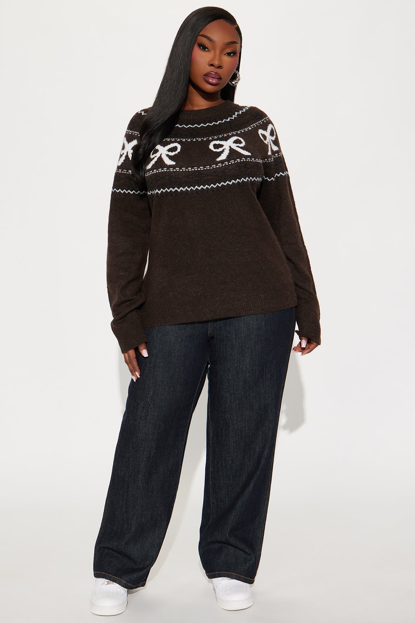 Bow Chic Pullover Sweater - Brown/combo