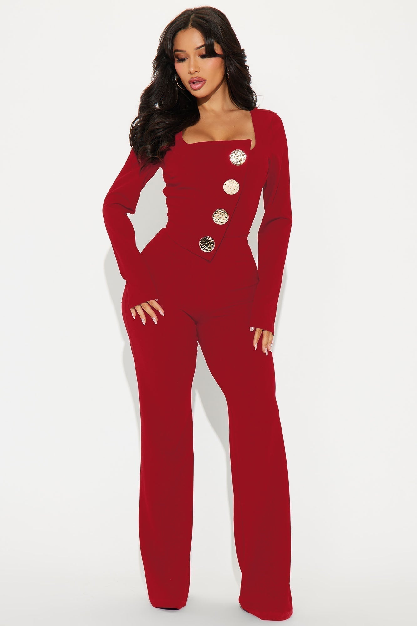 Like You Mean It Long Sleeve Jumpsuit - Red