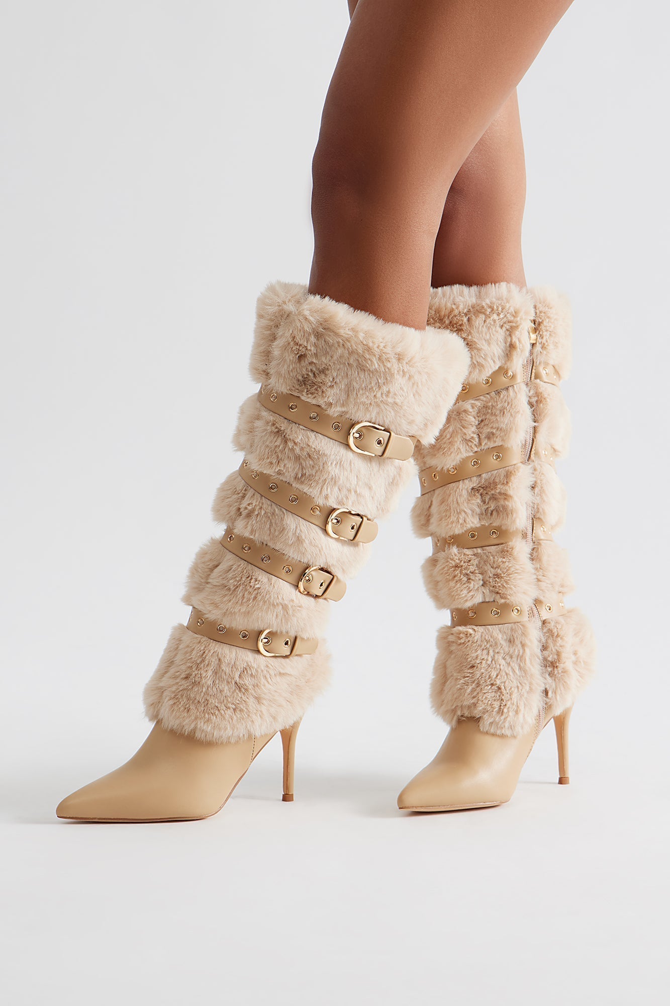 Albany Faux Fur Buckle Boots - Nude