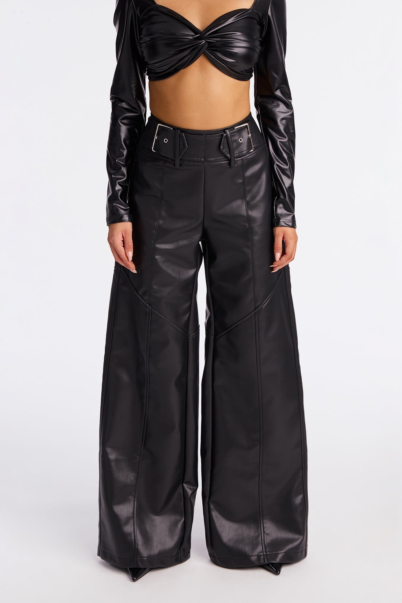 Set In My Ways High Rise Faux Leather Wide Leg Pant 33 - Black