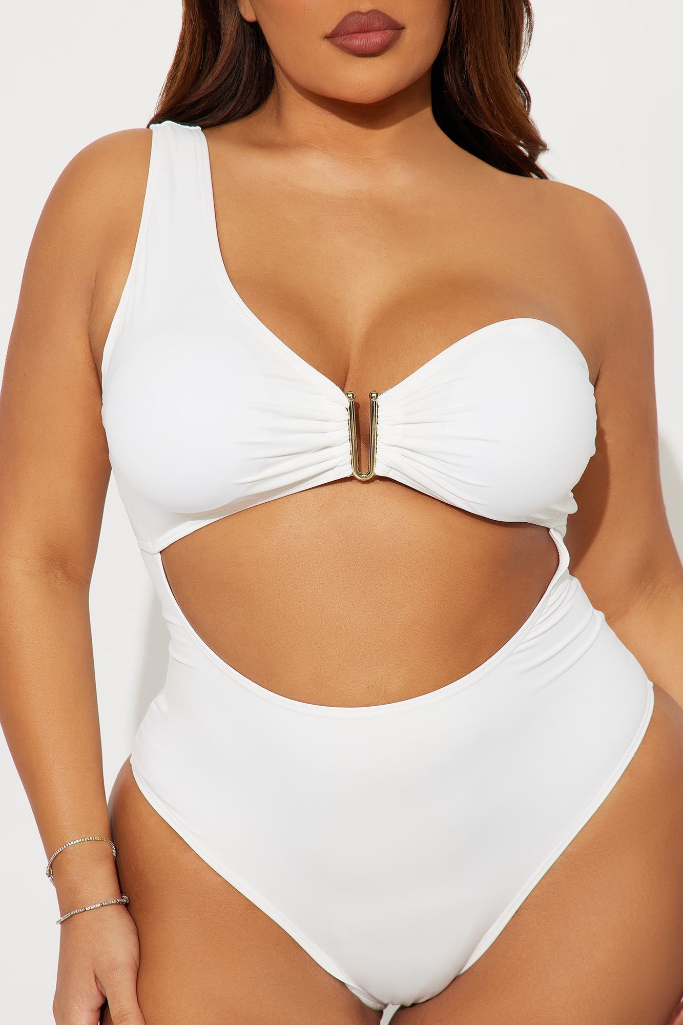 Miami Mami One Shoulder V Hardware Cutout 1 Piece Swimsuit - White