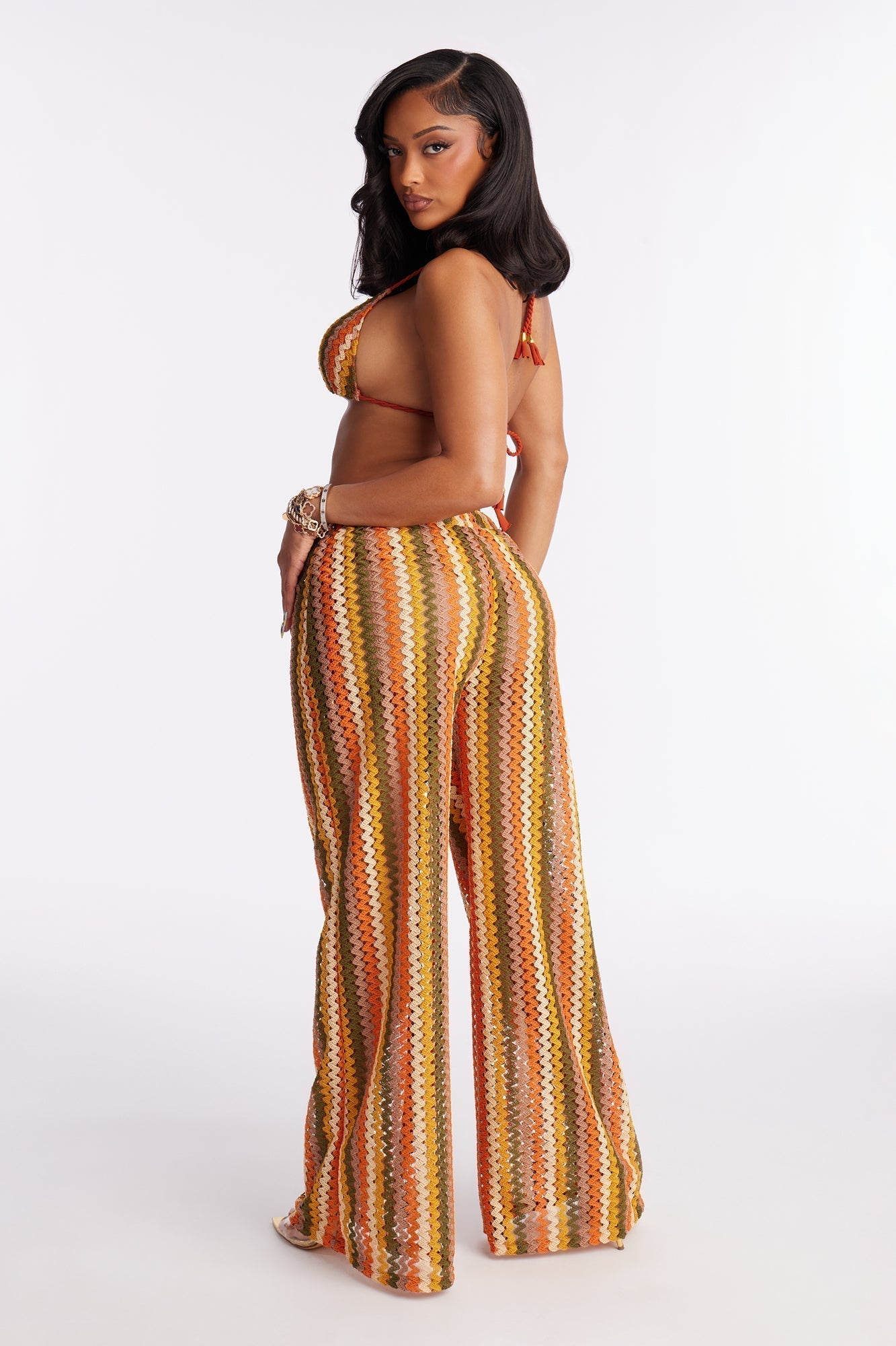 Cassandra Crochet 3 Piece Bikini & Pants Set - Orange/combo
