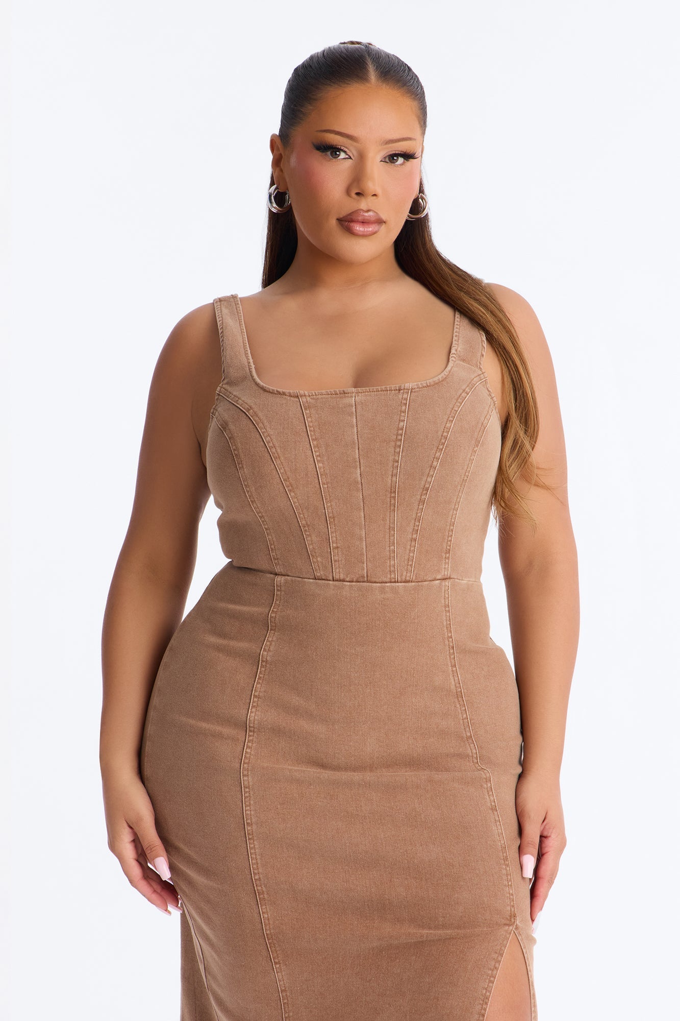 Avery Stretch Denim Midi Dress - Brown