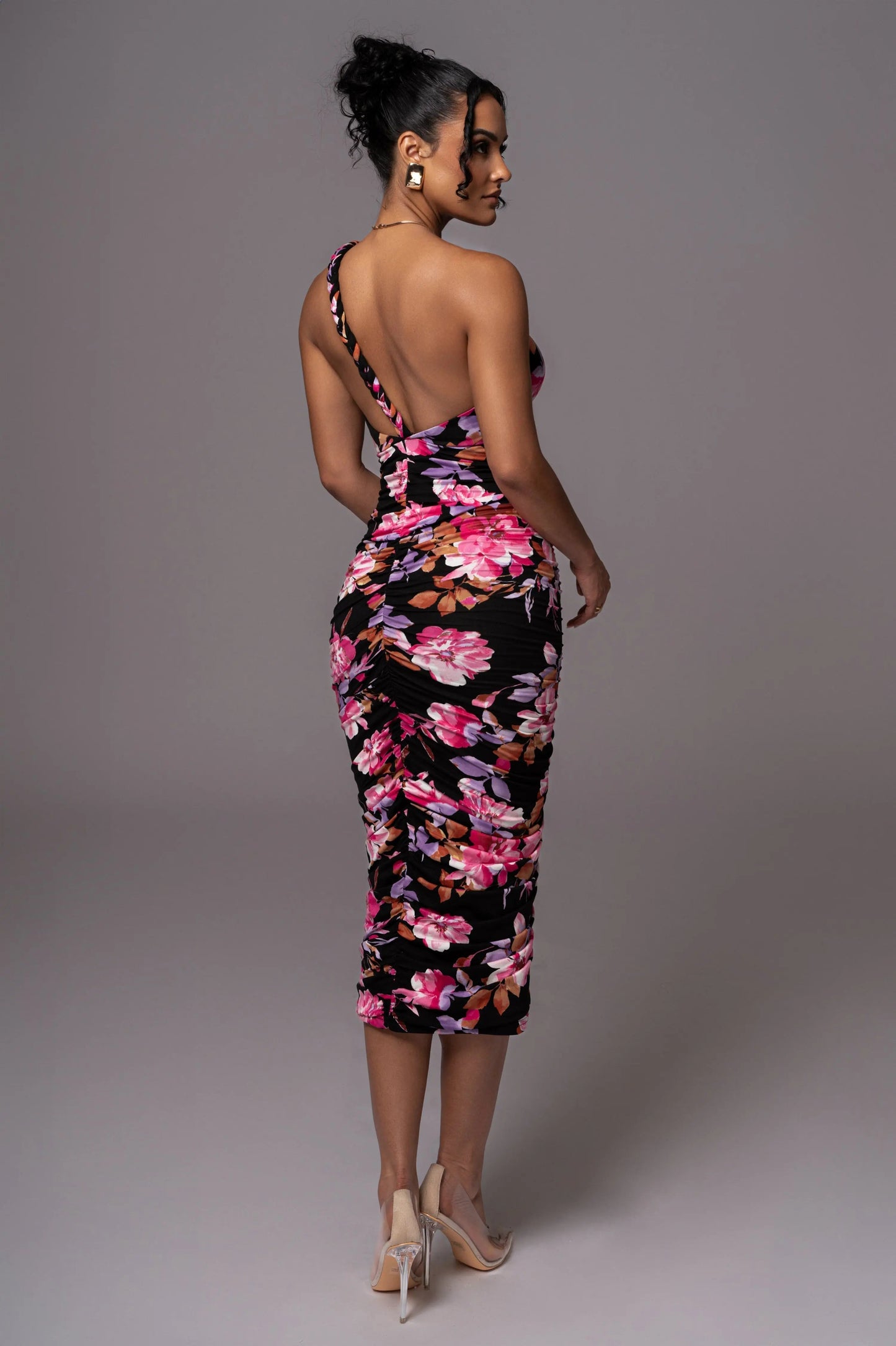 Black Floral Jess Ruched Midi Dress